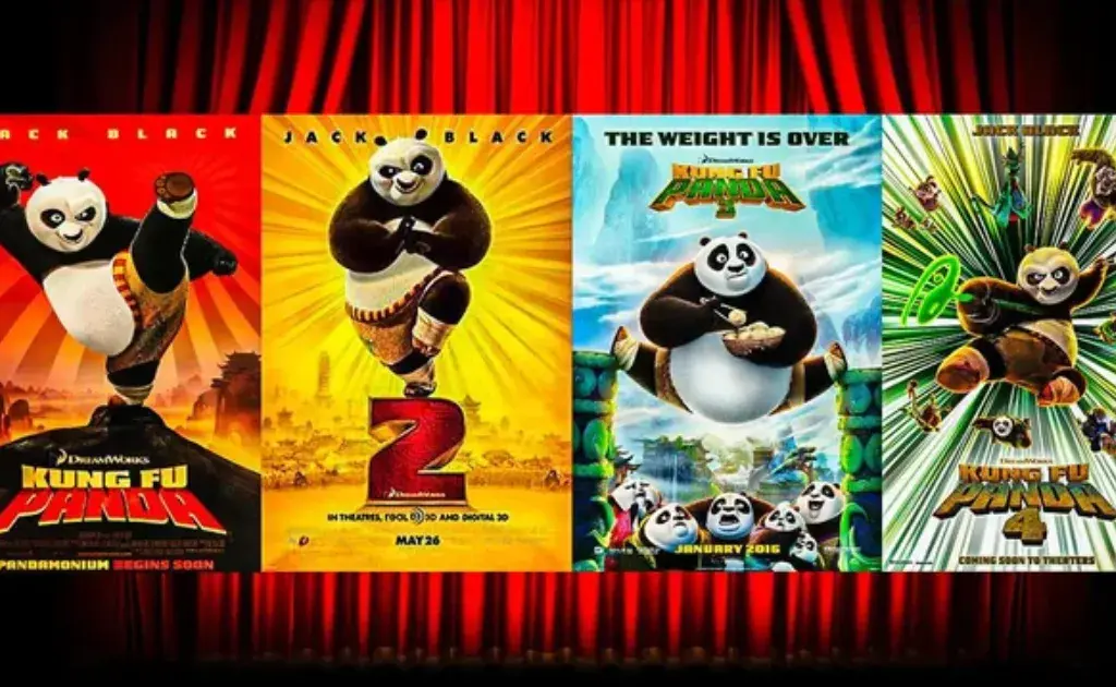 Comparação visual de Po nos quatro filmes da franquia Kung Fu Panda