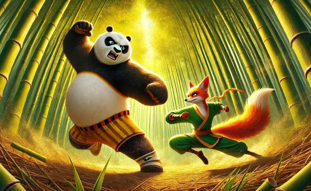 Po e Zhen em cena de ação do filme Kung Fu Panda 4